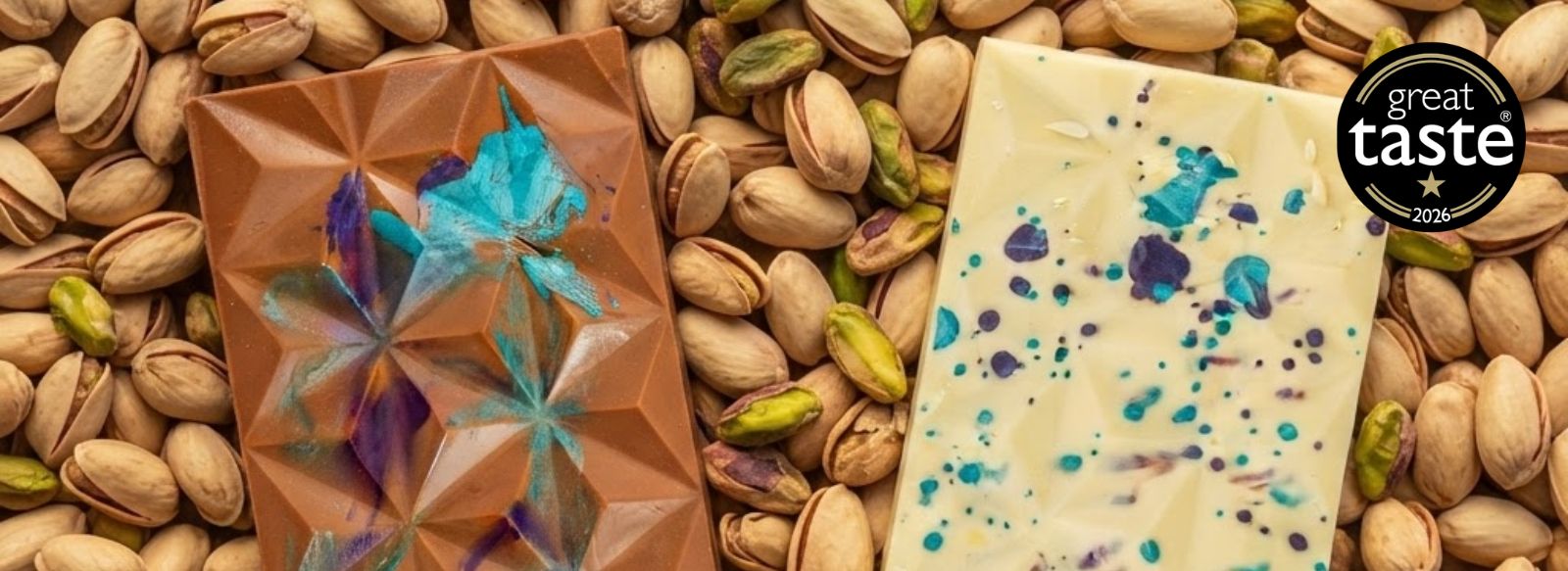 A desktop image featuring our awarded dubai chocolate bar with great taste award label in 2026.