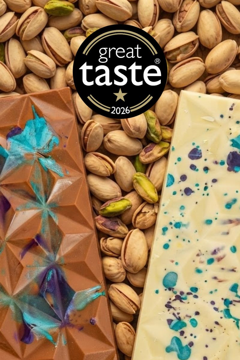 A mobile image featuring our awarded dubai chocolate bar with great taste award label in 2026.